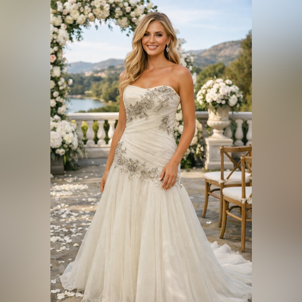 Strapless Wedding Gown Crystal Beaded Floral Tulle Train Elegant Bridal Dress